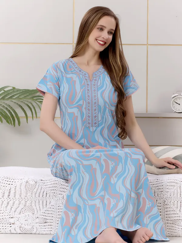 Blue_floral__print_hosiery_Night_Dress_with_embroidery_neck_For_Ladies