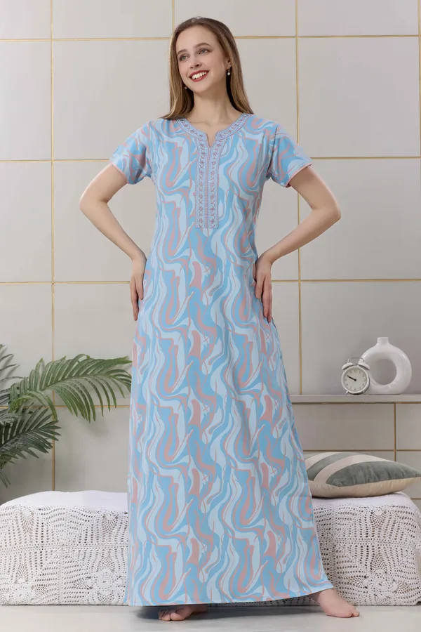 Night queen Blue floral print hosiery Night Dress with embroidery neck For Ladies  Price in India - Buy Night queen Blue floral print hosiery Night Dress with  embroidery neck For Ladies online