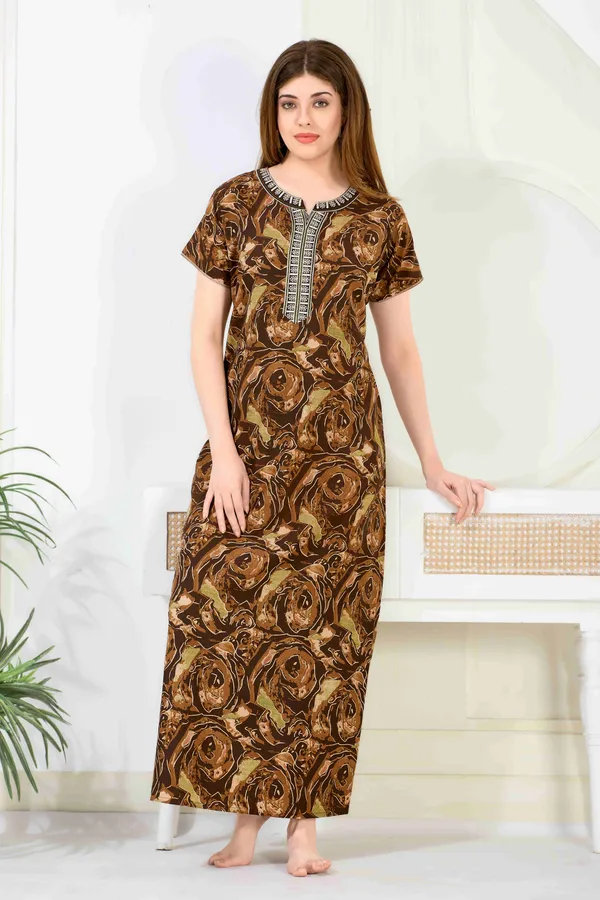 Brown_abstract_Cotton_blend_Night_Dress_For_Ladies
