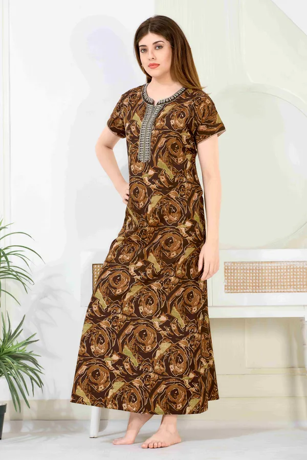 Brown_abstract_Cotton_blend_Night_Dress_For_Ladies