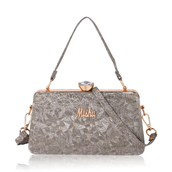 Khaki_Shimmering_Textured_Fabric_Geometric_Pattern_Crystal_Twist_Evening_Clutch_For_Women_&_Girls_(18.6_X_6_X_12.6_Cm)