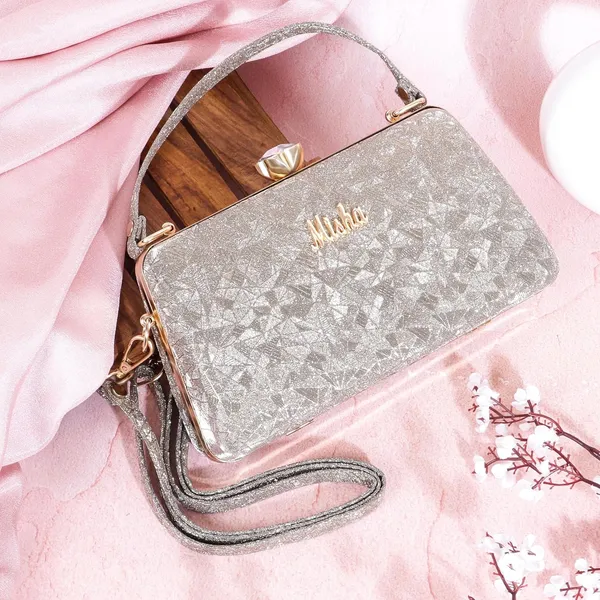 Khaki_Shimmering_Textured_Fabric_Geometric_Pattern_Crystal_Twist_Evening_Clutch_For_Women_&_Girls_(18.6_X_6_X_12.6_Cm)
