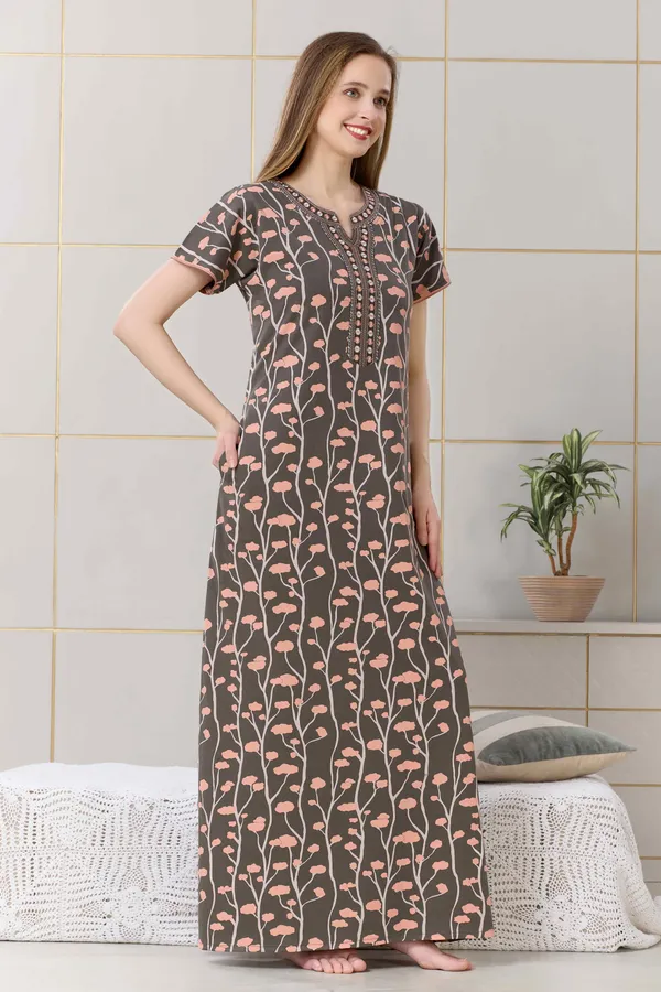 Coffee_Brown_floral__print_hosiery_Night_Dress_with_embroidery_neck_For_Ladies