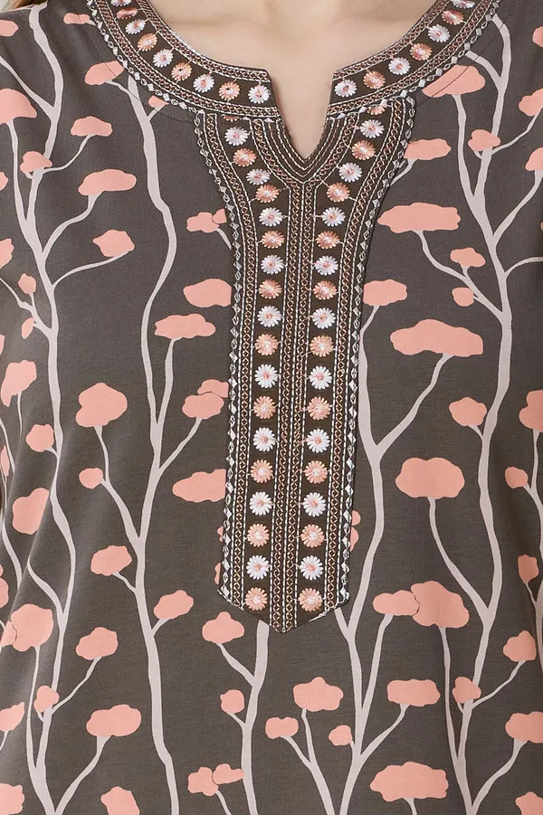 Coffee_Brown_floral__print_hosiery_Night_Dress_with_embroidery_neck_For_Ladies