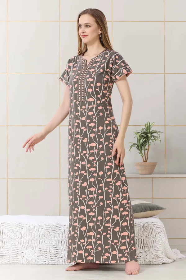 Coffee_Brown_floral__print_hosiery_Night_Dress_with_embroidery_neck_For_Ladies