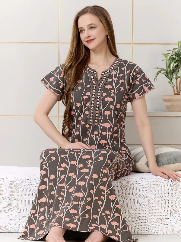 Coffee_Brown_floral__print_hosiery_Night_Dress_with_embroidery_neck_For_Ladies