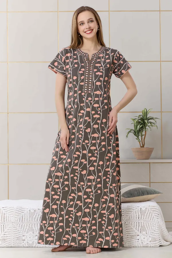 Coffee_Brown_floral__print_hosiery_Night_Dress_with_embroidery_neck_For_Ladies
