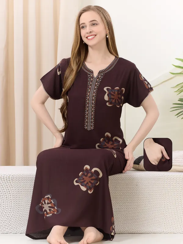 Coffee_floral_embroidered__A-line_Alpine__Nighty_for_Women