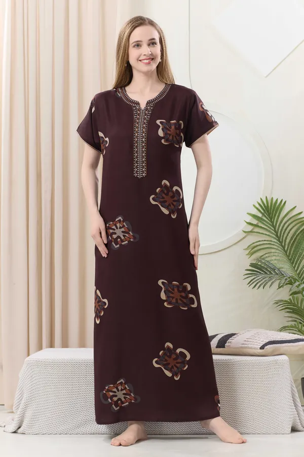Coffee_floral_embroidered__A-line_Alpine__Nighty_for_Women