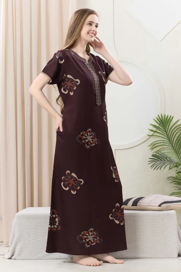 Coffee_floral_embroidered__A-line_Alpine__Nighty_for_Women