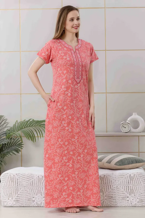Coral_floral__print_hosiery_Night_Dress_with_embroidery_neck_For_Ladies