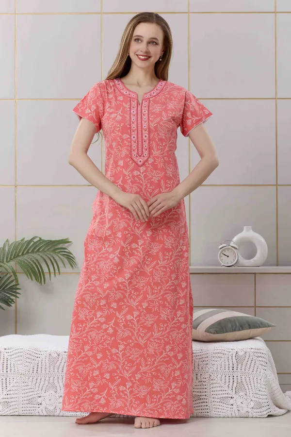 Coral_floral__print_hosiery_Night_Dress_with_embroidery_neck_For_Ladies