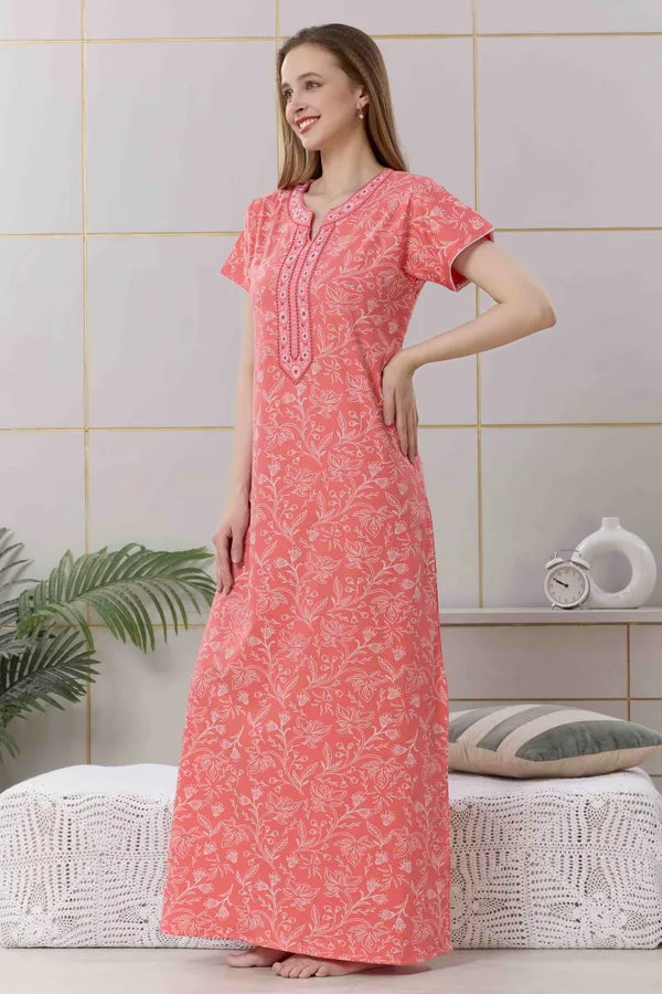 Coral_floral__print_hosiery_Night_Dress_with_embroidery_neck_For_Ladies