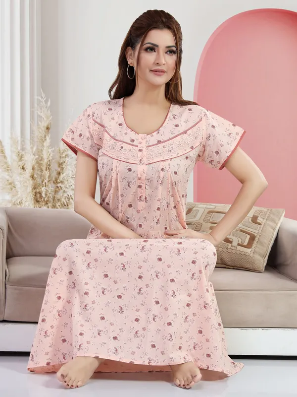 Peach_Floral_Cotton_Night_Dress_For_Ladies