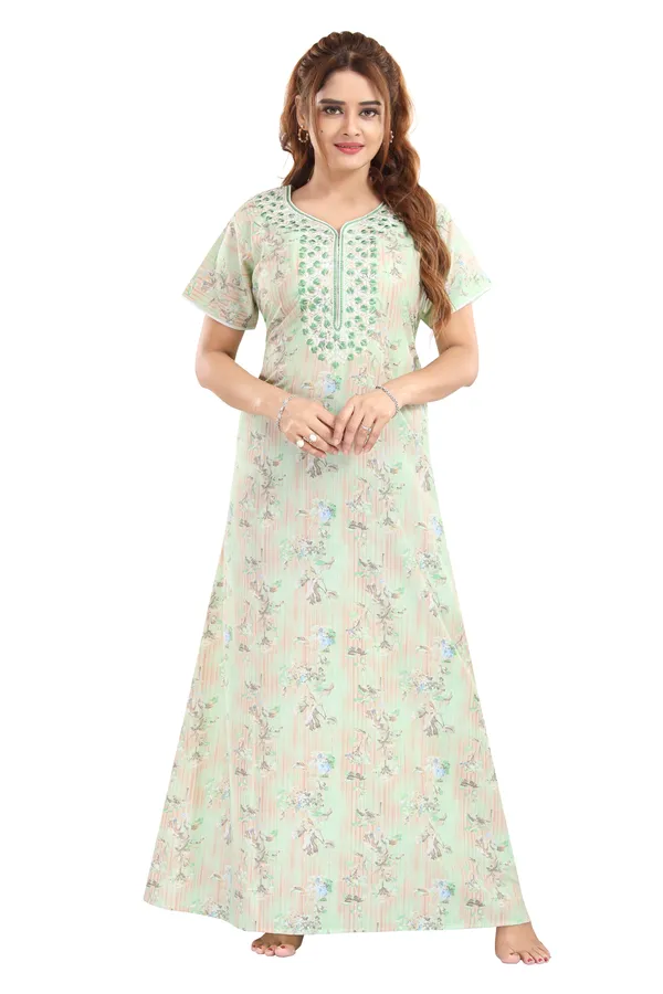 Green_Floral_Cotton_blend_Night_Dress_For_Ladies