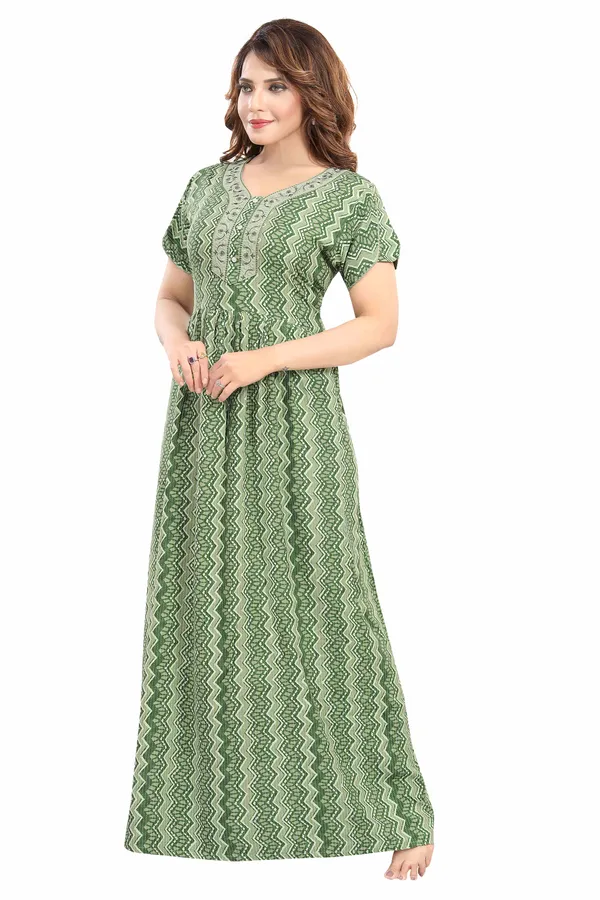 Green_abstract_print_rayon_Night_Dress_with_flair_and_belt_For_Ladies