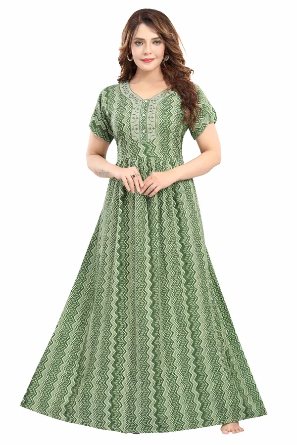 Green_abstract_print_rayon_Night_Dress_with_flair_and_belt_For_Ladies
