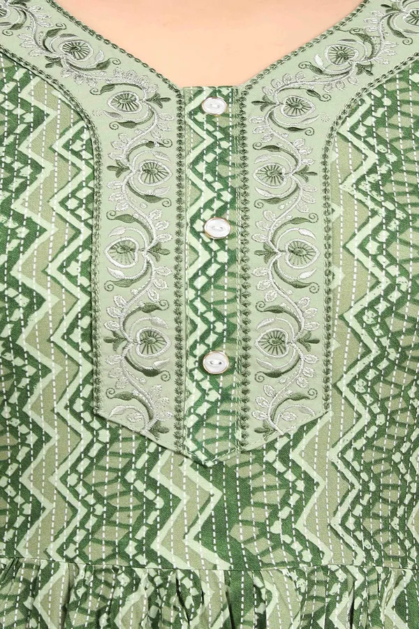 Green_abstract_print_rayon_Night_Dress_with_flair_and_belt_For_Ladies