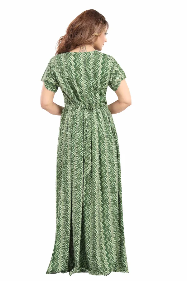 Green_abstract_print_rayon_Night_Dress_with_flair_and_belt_For_Ladies