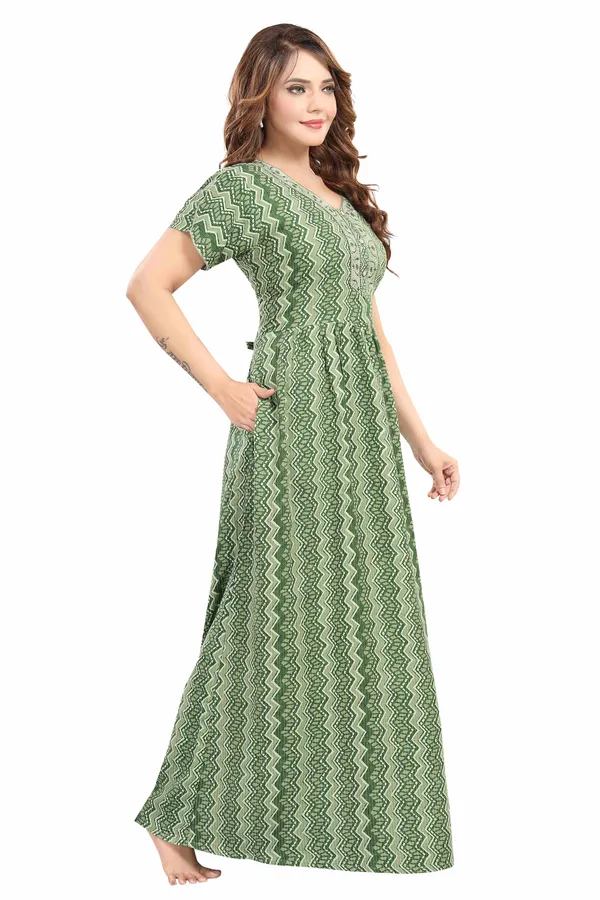 Green_abstract_print_rayon_Night_Dress_with_flair_and_belt_For_Ladies