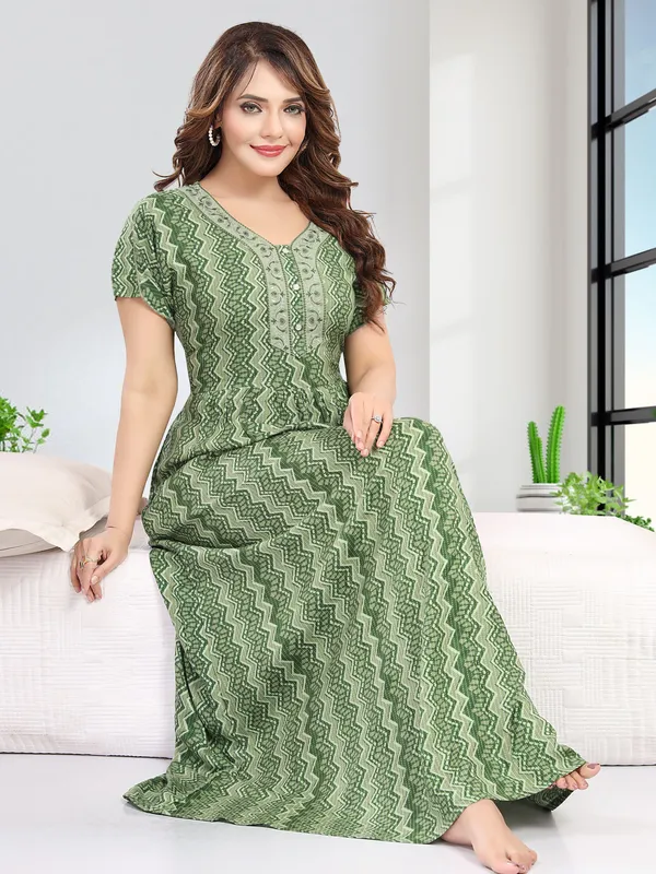 Green_abstract_print_rayon_Night_Dress_with_flair_and_belt_For_Ladies
