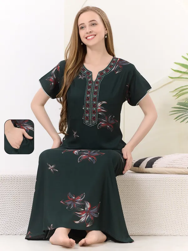 Green_floral_embroidered__A-line_Alpine__Nighty_for_Women