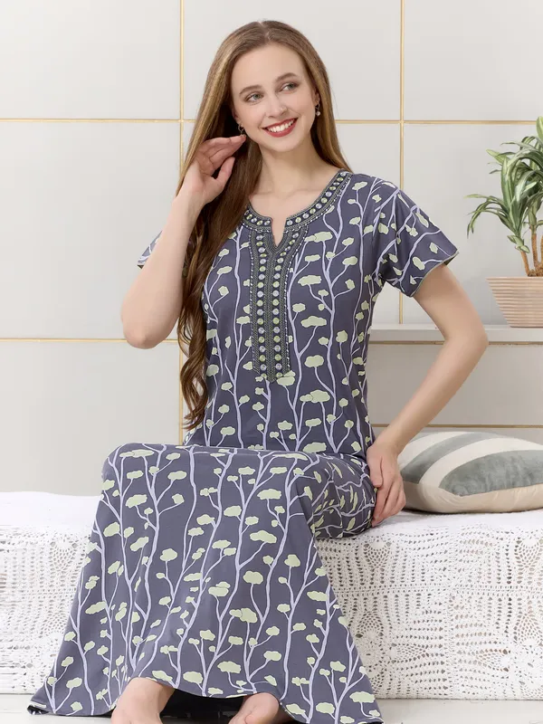 Greyish_blue_floral__print_hosiery_Night_Dress_with_embroidery_neck_For_Ladies_Greyish_blue_floral__print_hosiery_Night_Dress_with_embroidery_neck_For_Ladies