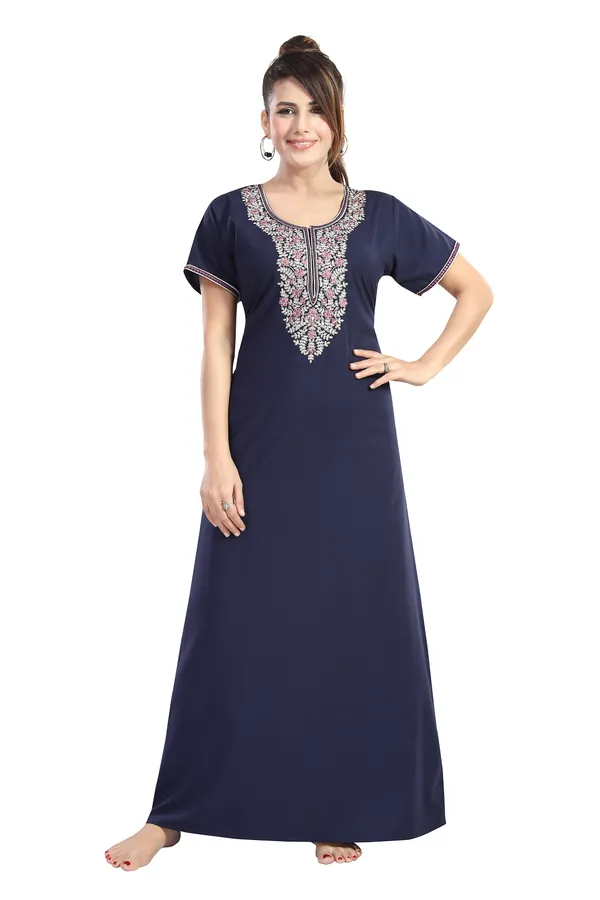 Navy_plain_embroidered_Cotton_blend_Night_Dress_For_Ladies