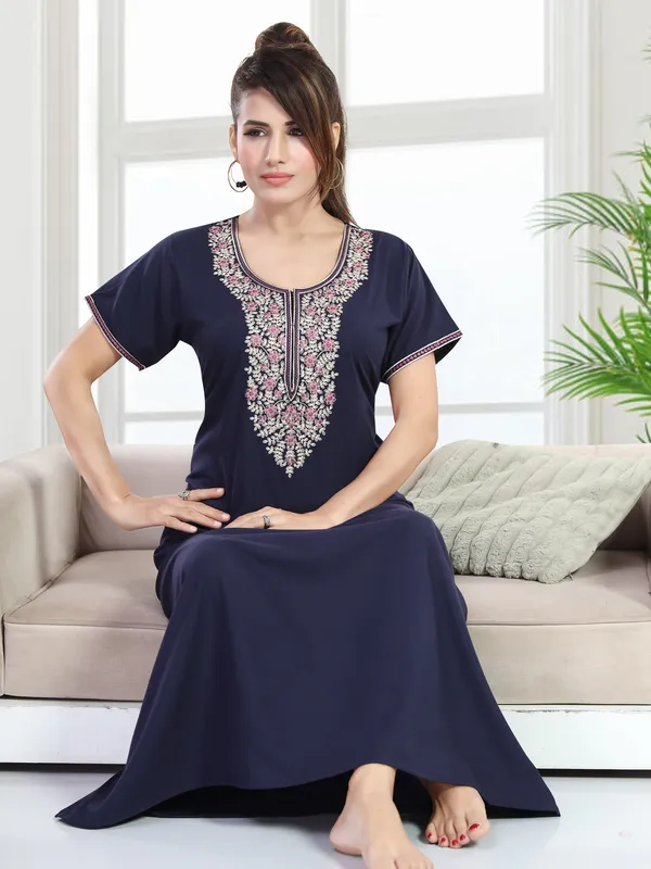 Navy_plain_embroidered_Cotton_blend_Night_Dress_For_Ladies