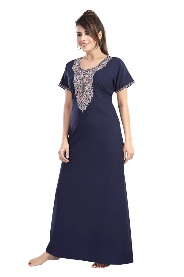 Navy_plain_embroidered_Cotton_blend_Night_Dress_For_Ladies