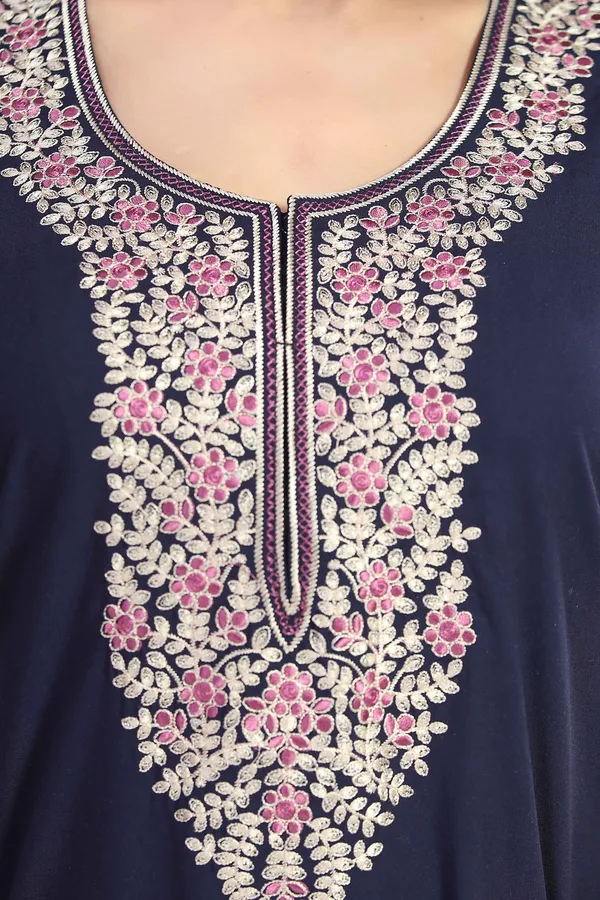 Navy_plain_embroidered_Cotton_blend_Night_Dress_For_Ladies