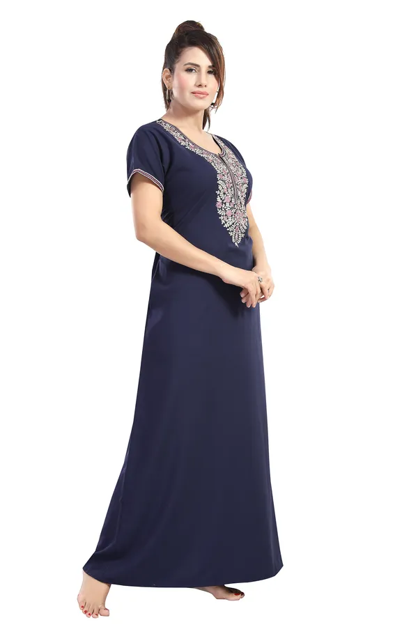 Navy_plain_embroidered_Cotton_blend_Night_Dress_For_Ladies