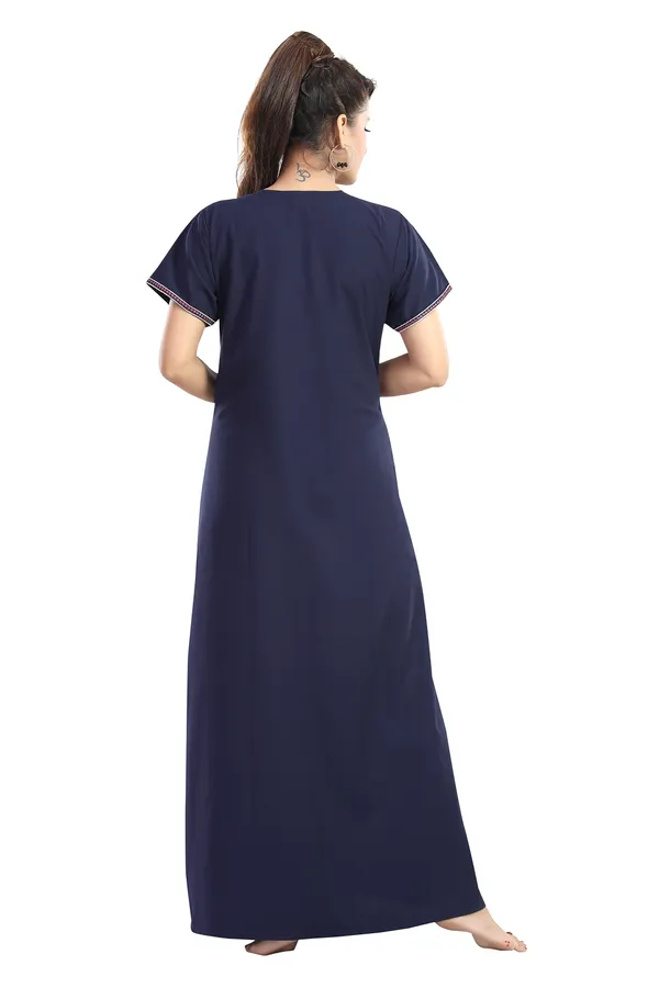 Navy_plain_embroidered_Cotton_blend_Night_Dress_For_Ladies