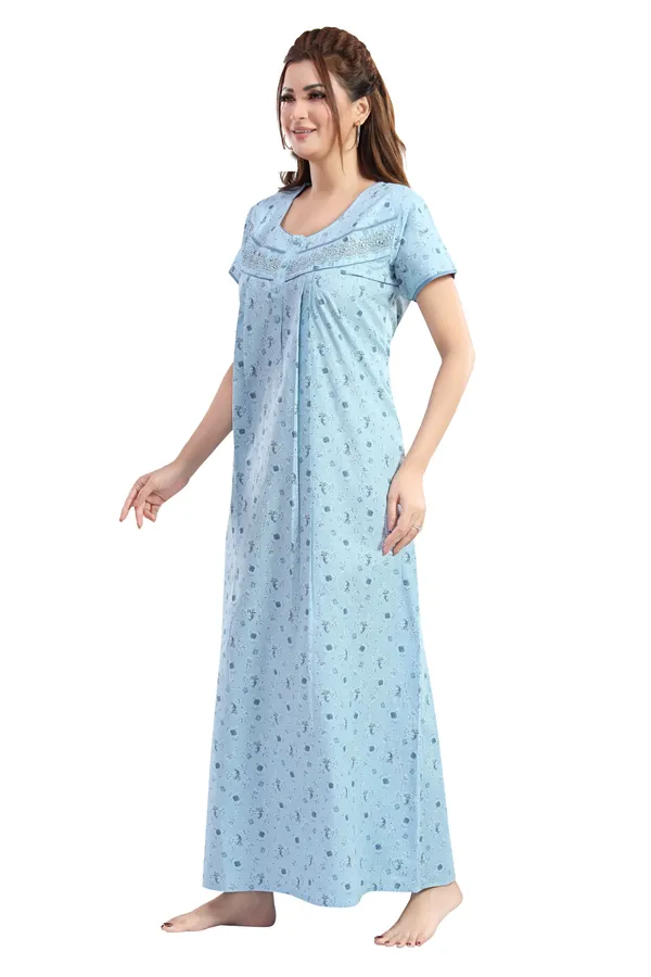 Aqua_Blue_Floral_Cotton_Night_Dress_For_Ladies