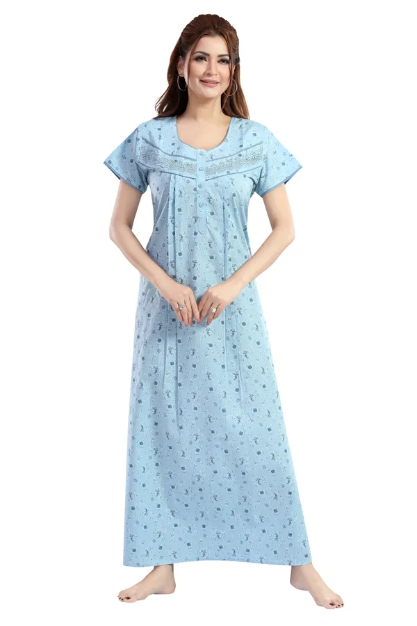Aqua_Blue_Floral_Cotton_Night_Dress_For_Ladies