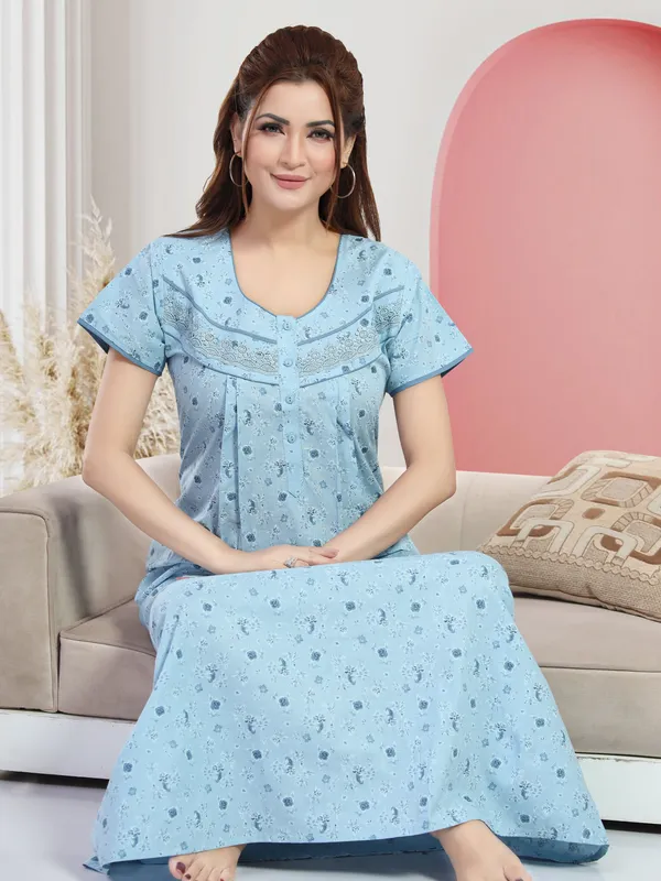 Aqua_Blue_Floral_Cotton_Night_Dress_For_Ladies