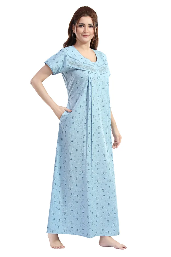 Aqua_Blue_Floral_Cotton_Night_Dress_For_Ladies