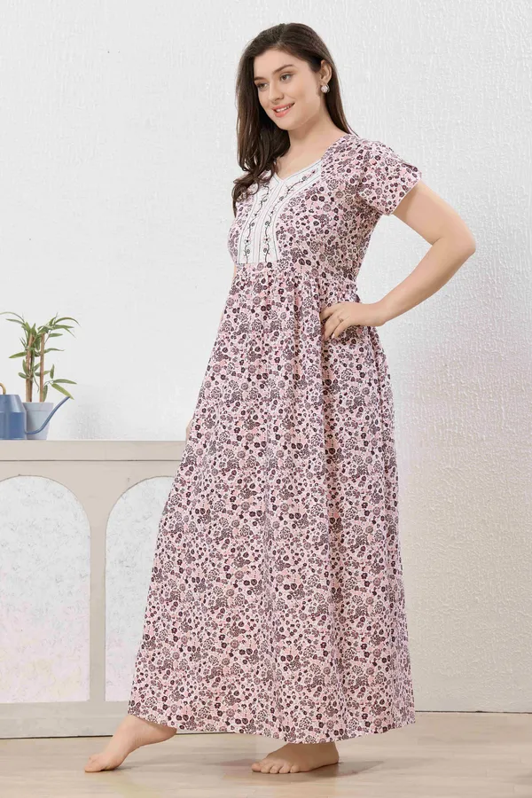Light_peach_abstract_print_rayon_Night_Dress_with_flair_and_belt_For_Ladies