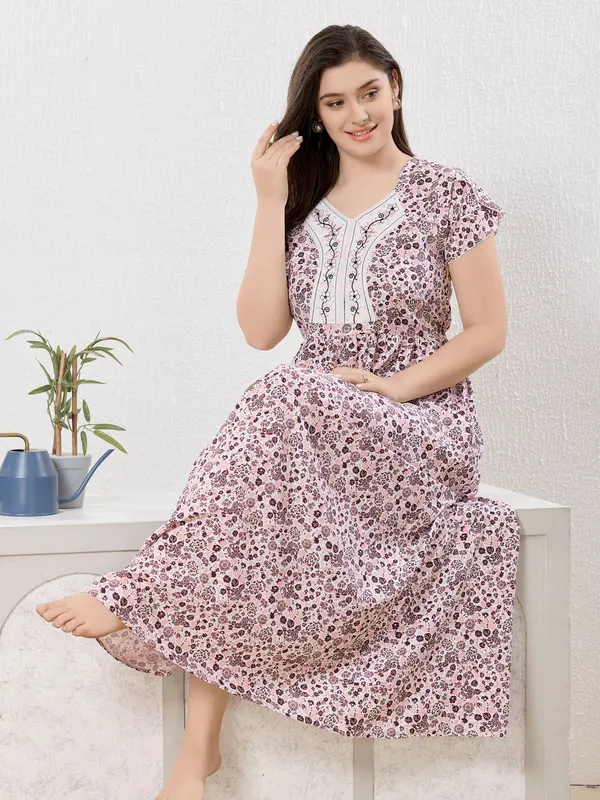 Light_peach_abstract_print_rayon_Night_Dress_with_flair_and_belt_For_Ladies
