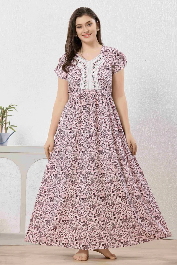 Light_peach_abstract_print_rayon_Night_Dress_with_flair_and_belt_For_Ladies
