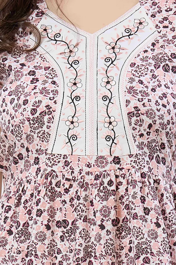 Light_peach_abstract_print_rayon_Night_Dress_with_flair_and_belt_For_Ladies