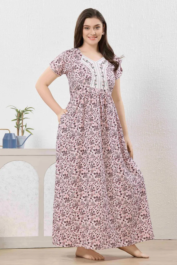 Light_peach_abstract_print_rayon_Night_Dress_with_flair_and_belt_For_Ladies