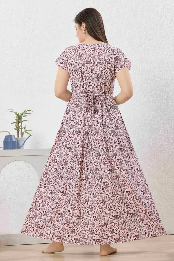 Light_peach_abstract_print_rayon_Night_Dress_with_flair_and_belt_For_Ladies