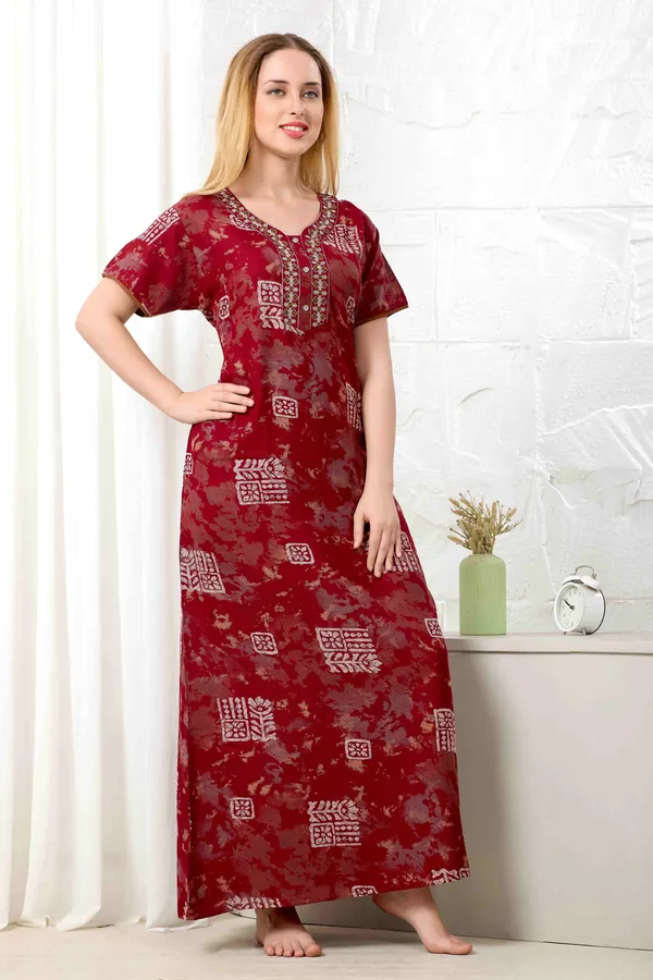 Maroon_Ajrakh_style_embroidered__A-line_Alpine__Nighty_for_Women