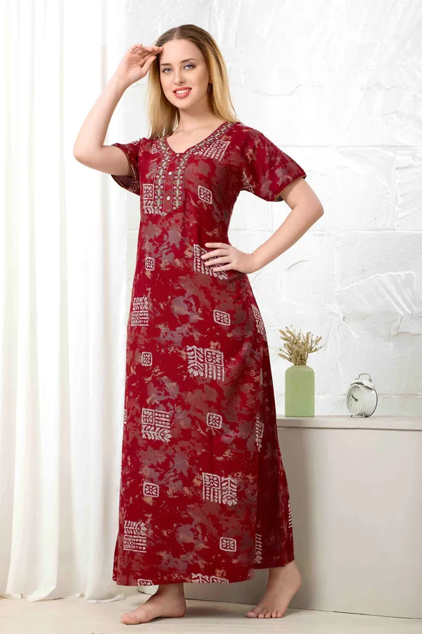 Maroon_Ajrakh_style_embroidered__A-line_Alpine__Nighty_for_Women