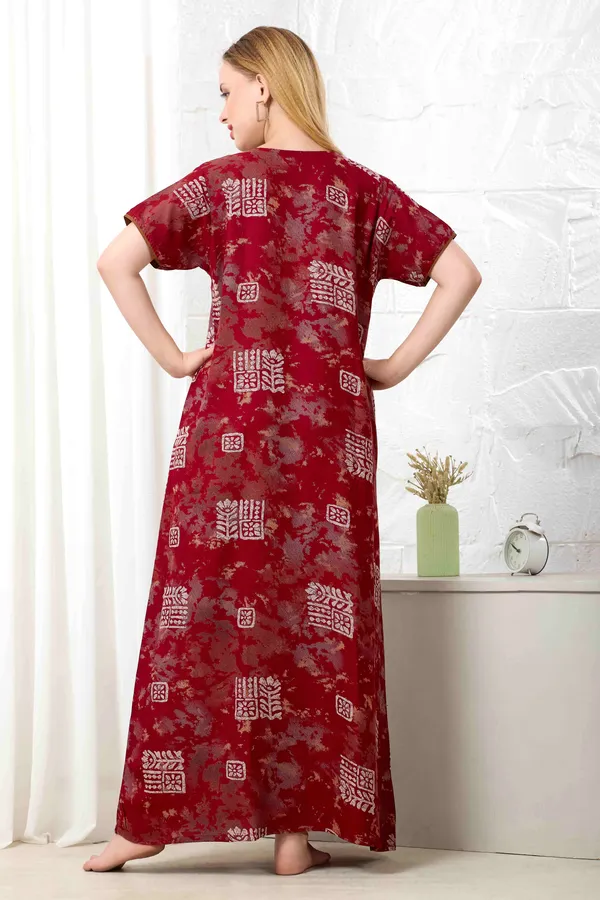 Maroon_Ajrakh_style_embroidered__A-line_Alpine__Nighty_for_Women