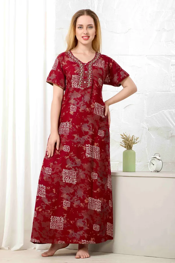 Maroon_Ajrakh_style_embroidered__A-line_Alpine__Nighty_for_Women