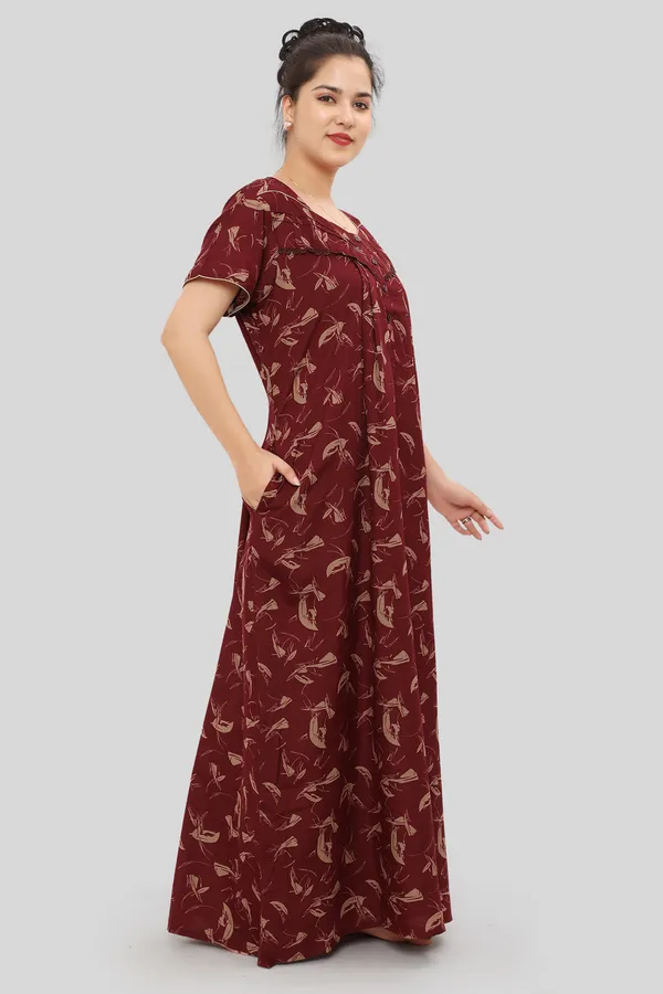 Maroon_Floral_Cotton_blend_Night_Dress_For_Ladies