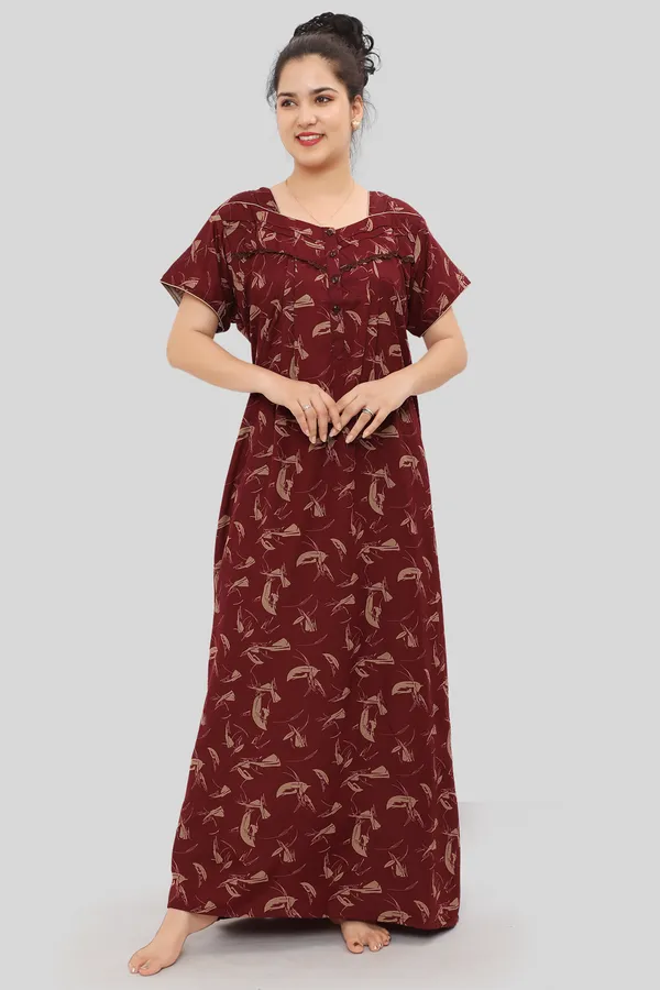 Maroon_Floral_Cotton_blend_Night_Dress_For_Ladies