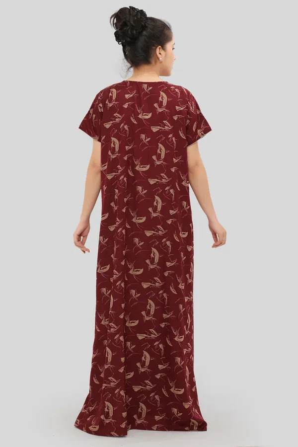 Maroon_Floral_Cotton_blend_Night_Dress_For_Ladies